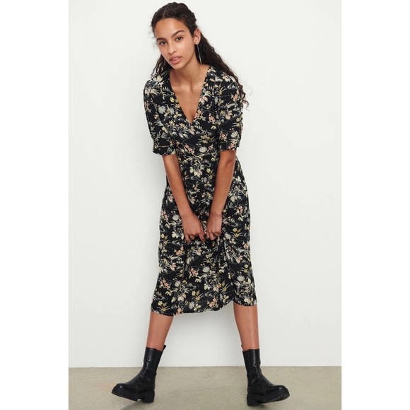 Ba&sh Floe Floral Midi Peasant Dress V Neck Short Sleeve Pleated - Picture 2 of 12